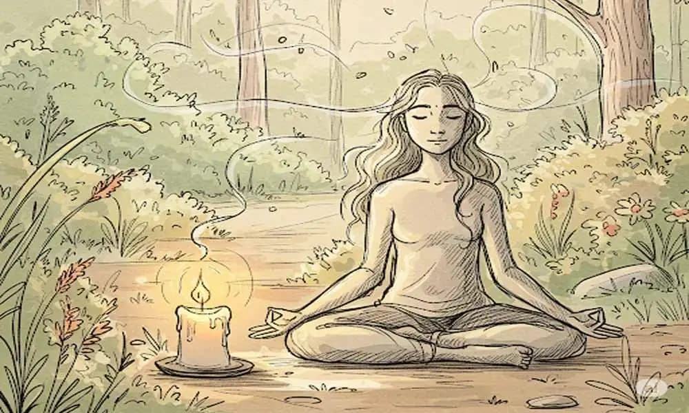 A person sitting in stillness under a tree, eyes closed, surrounded by gentle waves — symbol of calm reflection.