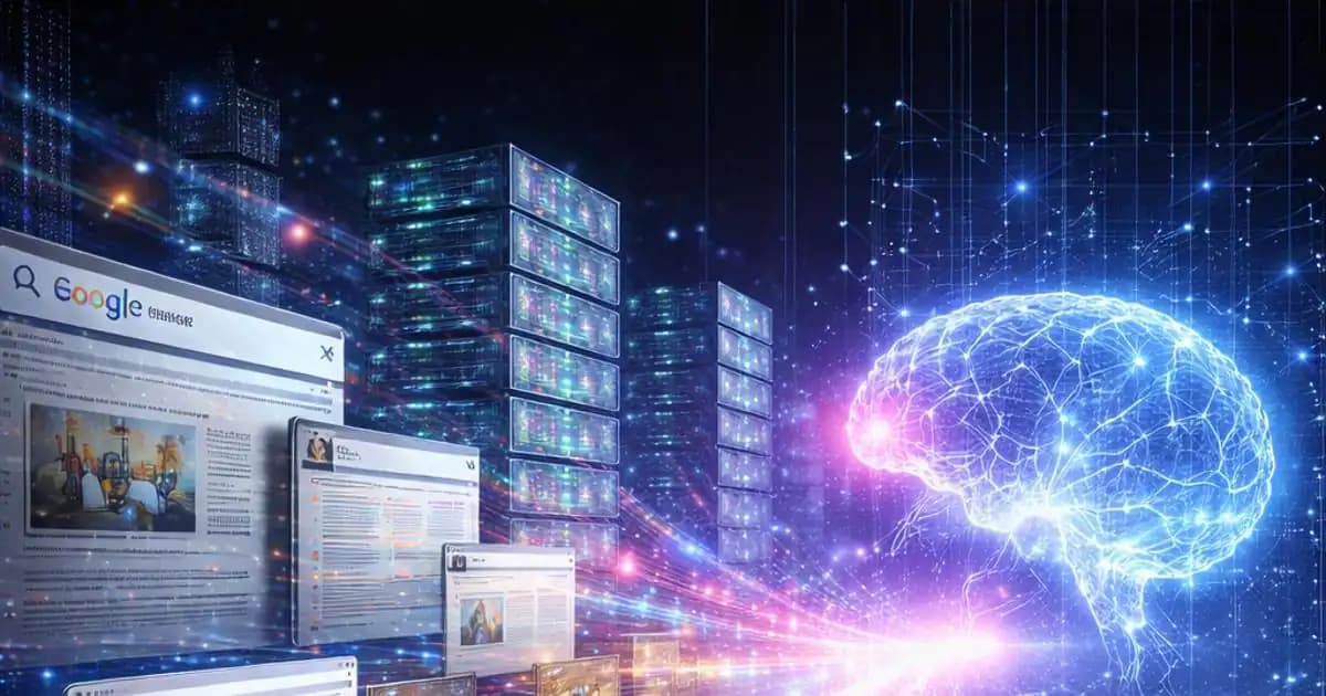 Abstract visualization of AI systems drawing data from a digital web network