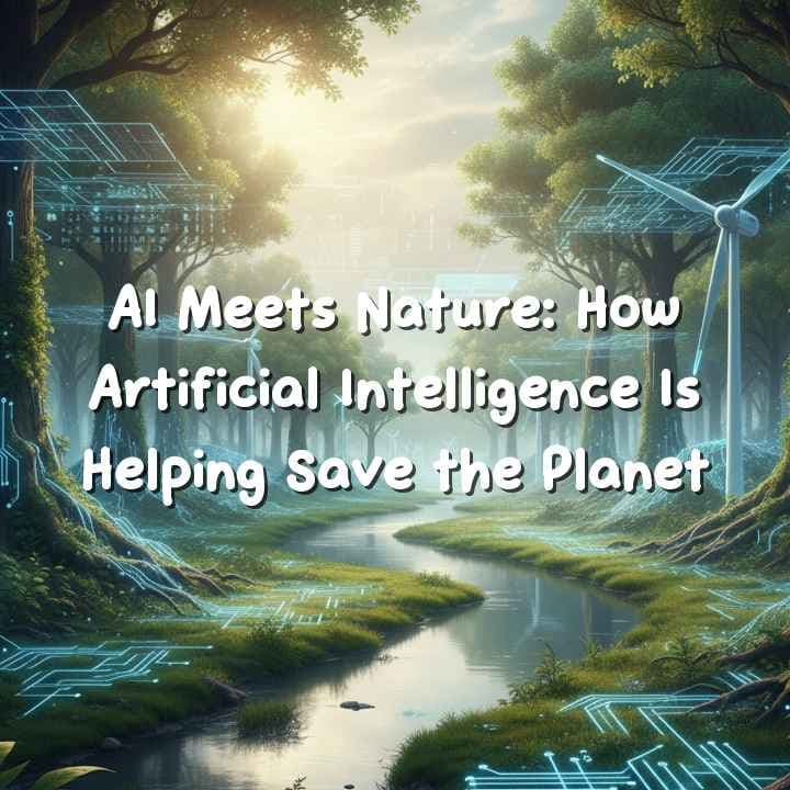 AI blending with nature, green forest and digital circuits symbolizing sustainability