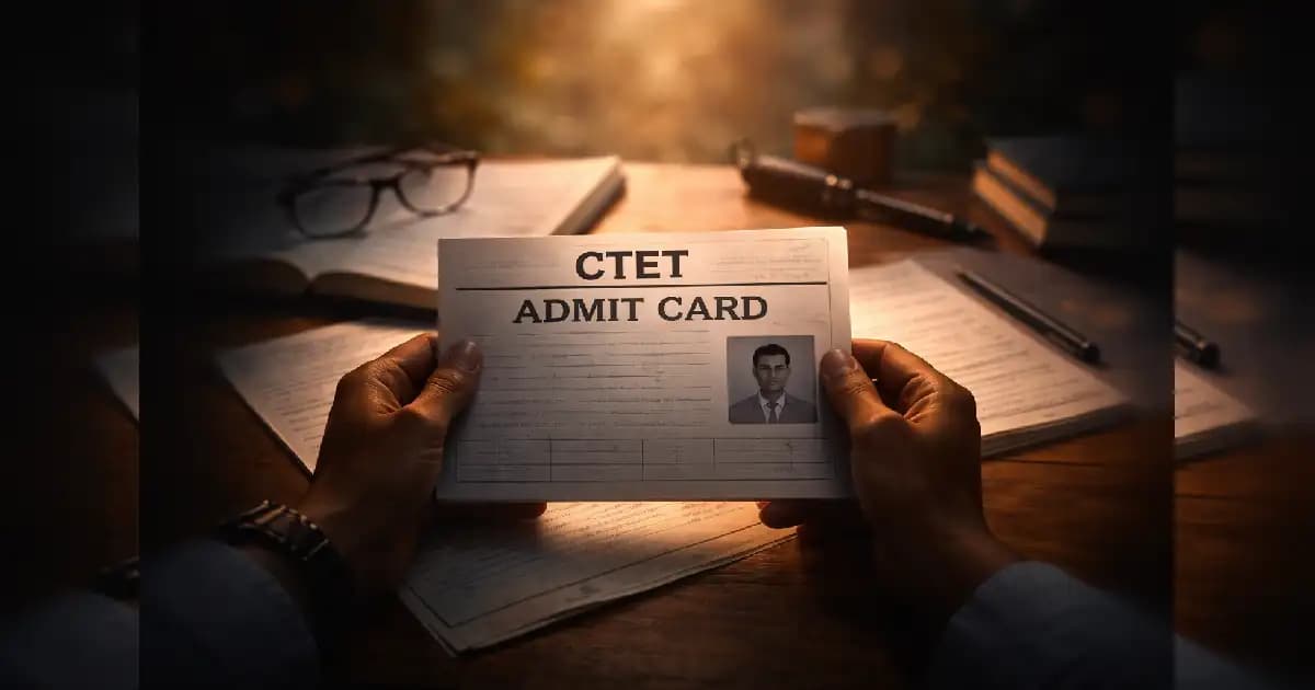 A candidate holding a CTET admit card at a study desk before the exam