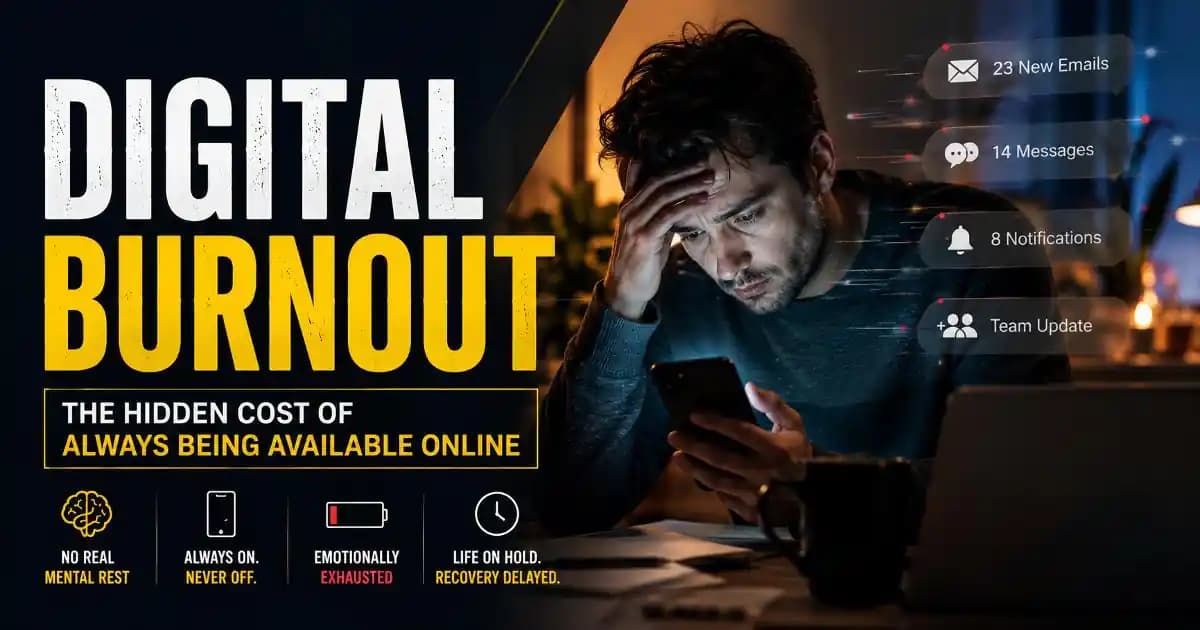 An emotionally exhausted adult sitting late at night beside a glowing smartphone and laptop while overwhelmed by endless notifications and online messages