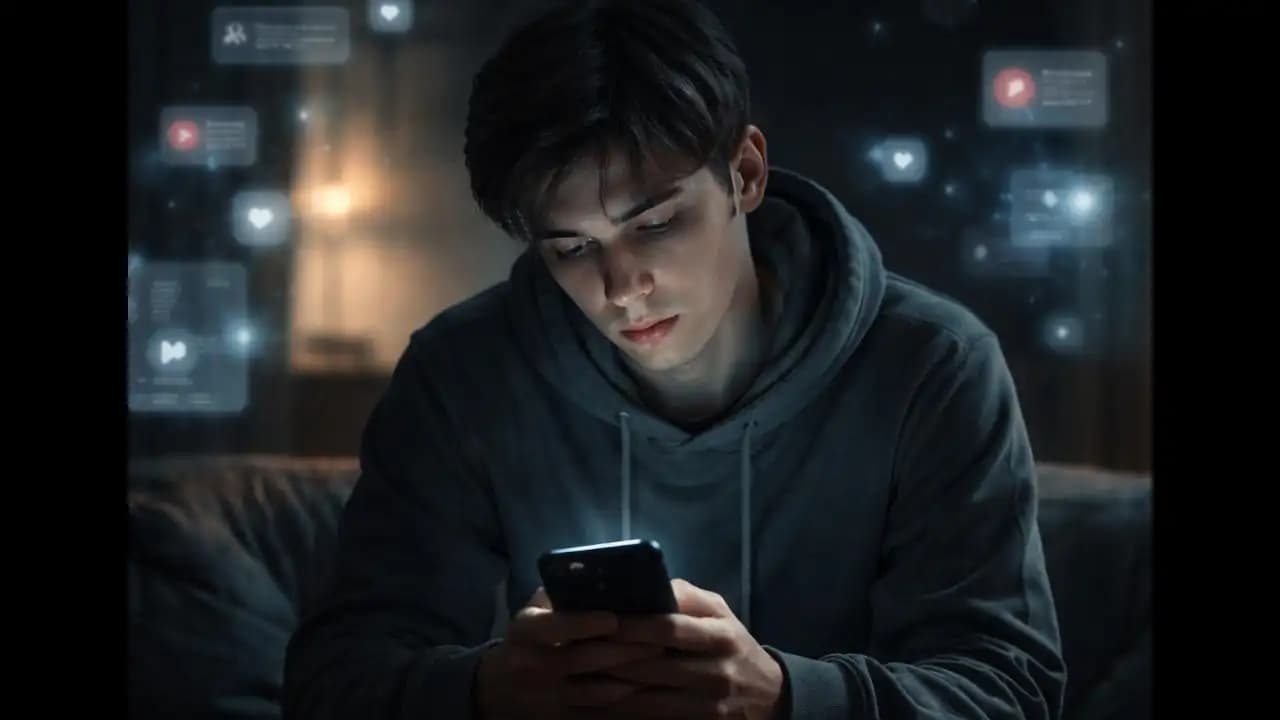 Person feeling mentally exhausted while using phone at night