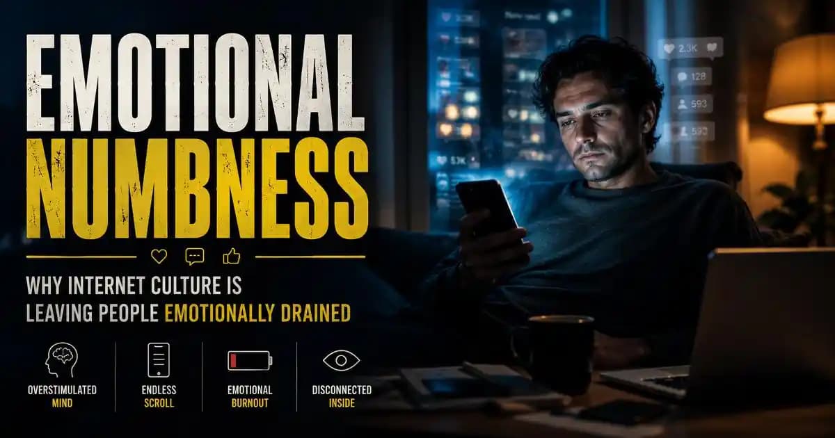 A young adult sitting alone in a dark room illuminated by a smartphone while emotionally blank and surrounded by endless social media notifications and digital content
