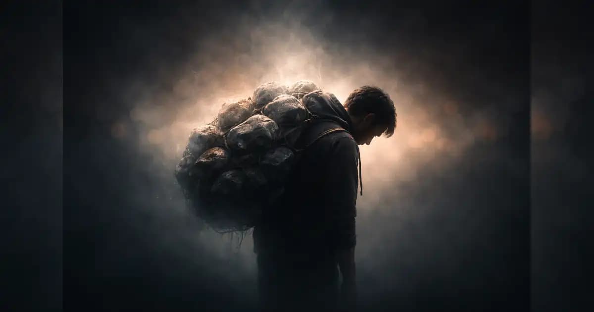 Person standing still while carrying invisible emotional weight