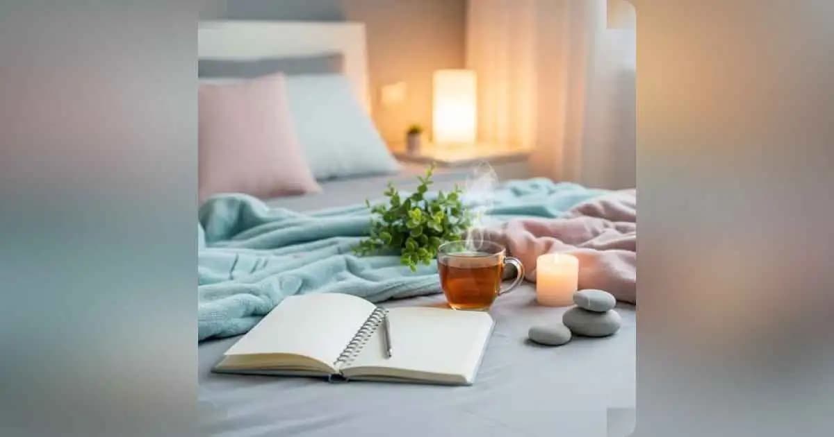 Healing scene with journal, tea, and cozy surroundings