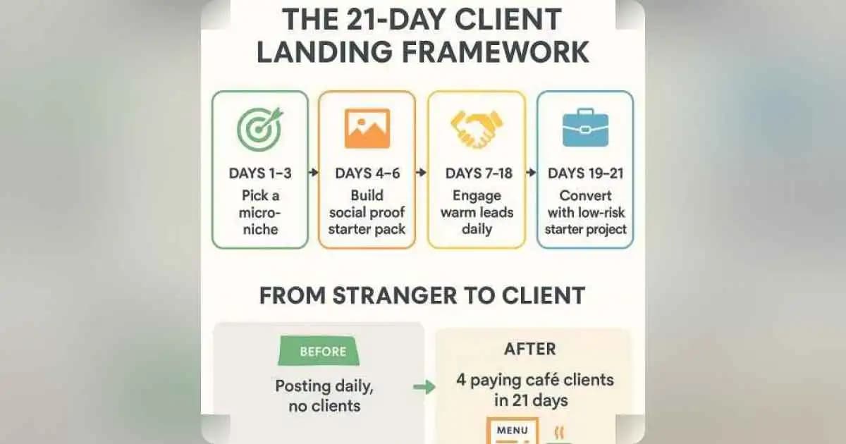 Infographic showing a 21-day plan to get first freelance clients without cold calling