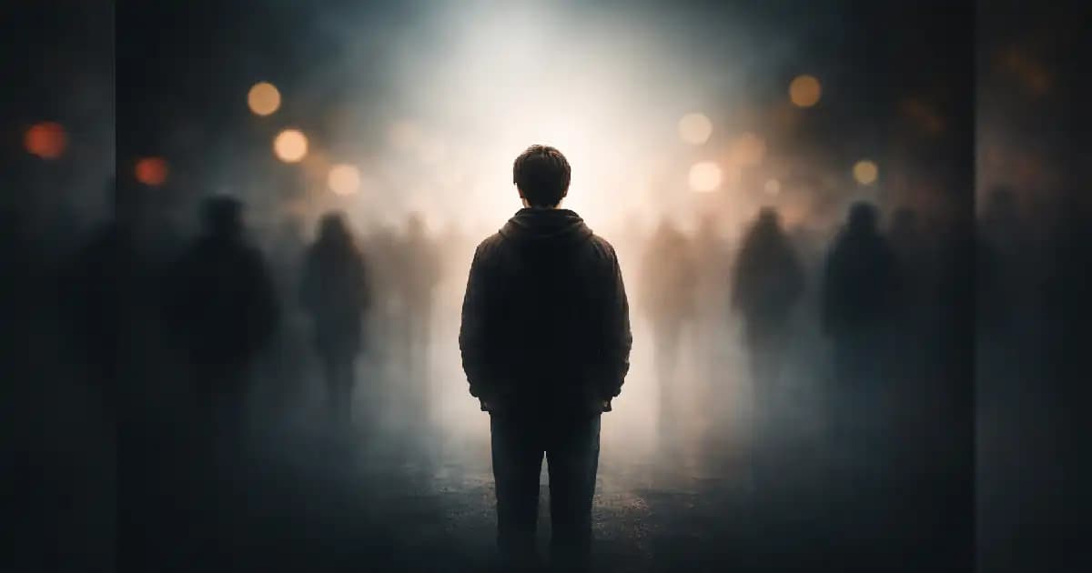 Person standing alone in a crowd, symbolizing an identity crisis