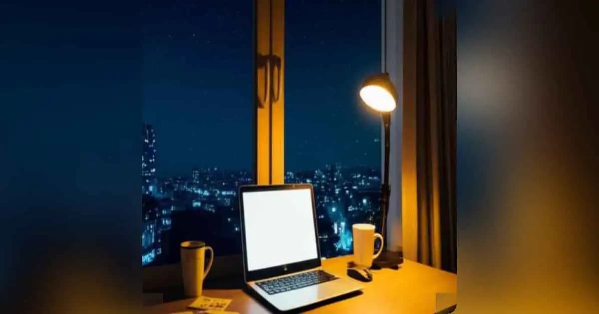 Side hustle worker at night desk, glowing laptop, creative chaos
