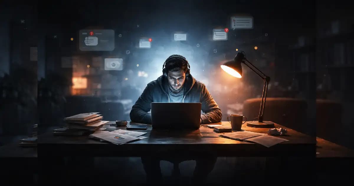 Freelancer working alone late at night on a laptop at home