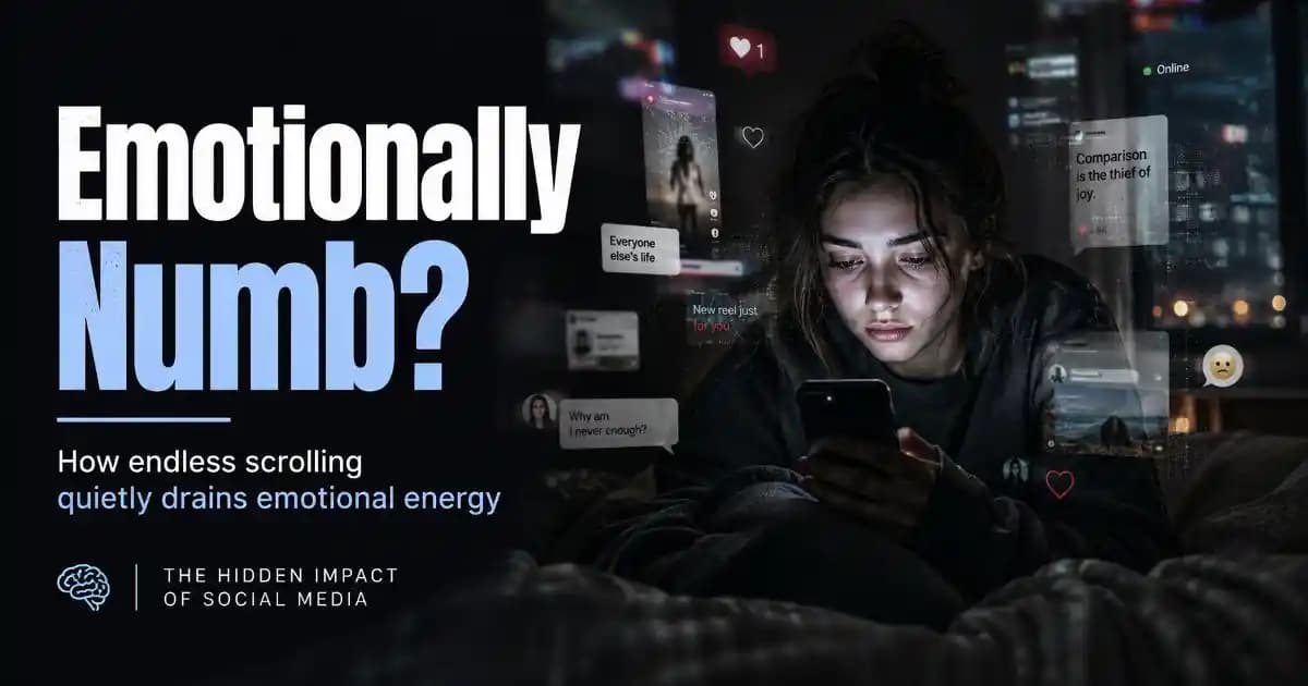 A young person sitting alone at night illuminated by smartphone light while emotionally disconnected after hours of social media scrolling