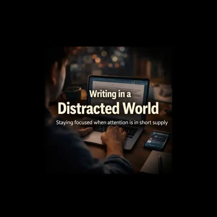 Writer struggling to focus in a digital environment with distractions and notifications