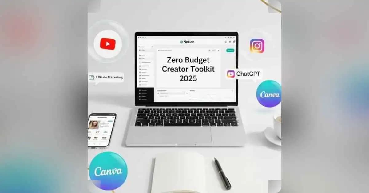 Free toolkit for digital creators showing Canva, Notion, ChatGPT, and YouTube on screen
