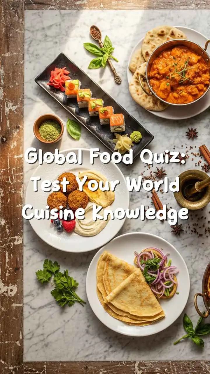 Colorful spread of world cuisines for a global food quiz