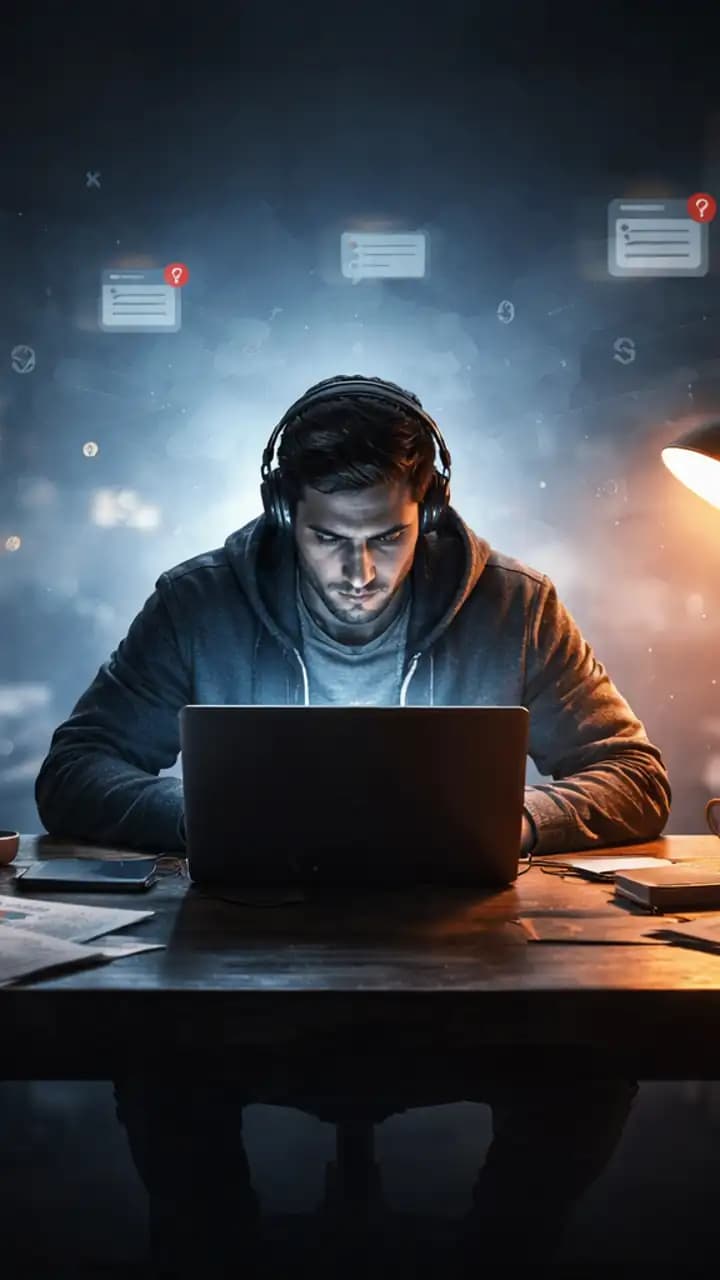 Cinematic illustration showing a freelancer working alone in a dark, modern workspace