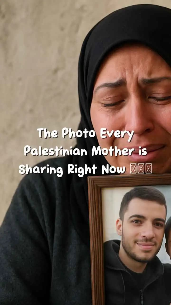 Palestinian mother in black hijab kissing tiny white shroud stained with blood, tears streaming down her face against Gaza rubble background, emotional heartbreaking scene