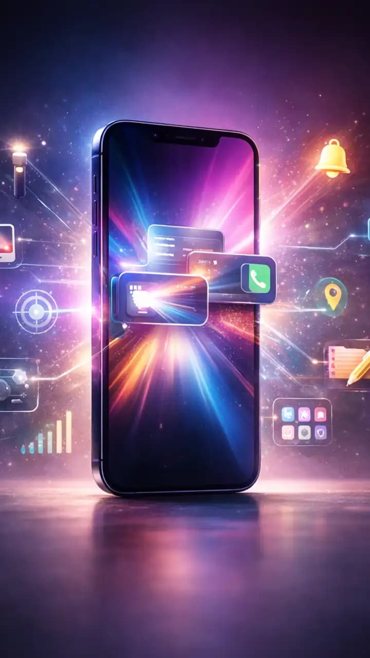 Minimalist close-up of a modern iPhone on a clean desk with soft lighting