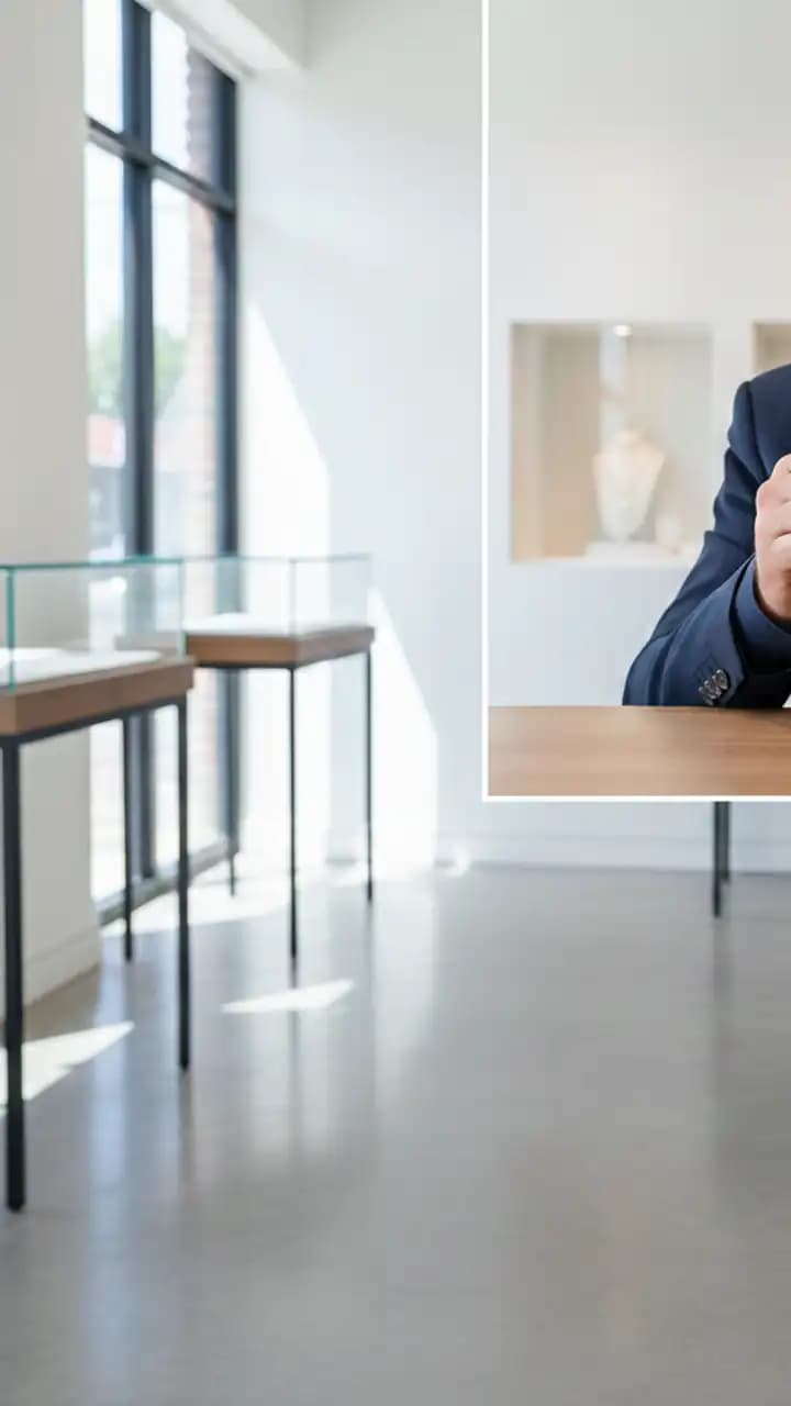 Modern jewelry showroom with a jeweler examining a lab-grown diamond