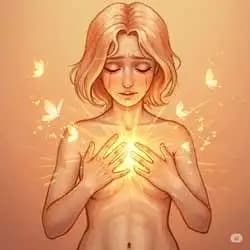 A person holding their heart with light emerging from it, soft and gentle color tones.
