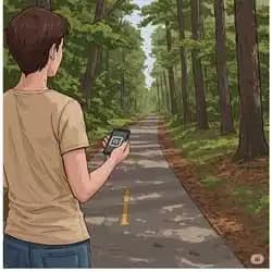 A person turning off a phone and walking into nature, peaceful expression.