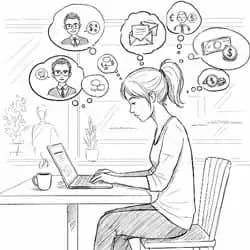 Freelancer sitting with laptop, working from a coffee shop, surrounded by idea clouds.