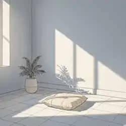 Sketch of a single plant in a clean room, with a person sitting on a cushion simple and calm.